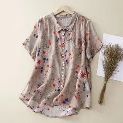 2024 New Summer Elegant Fashion Sweat Loose Casual Bohemian Women's Shirt Floral Cotton Linen V Neck Short Sleeve Chic Y2K Tops