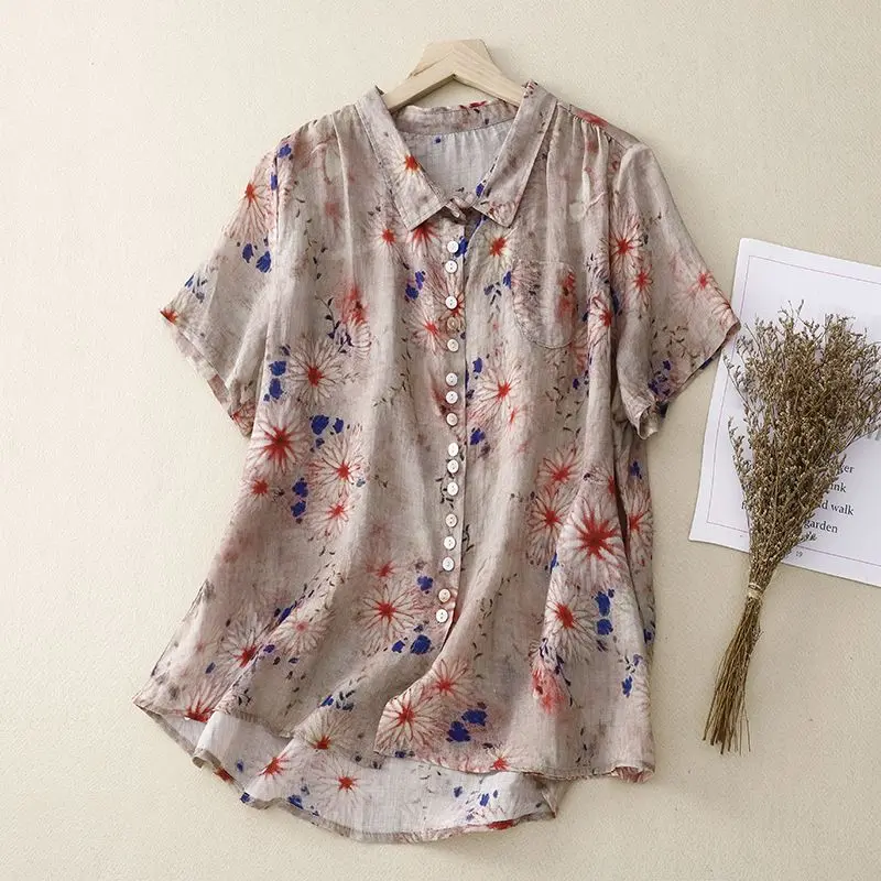 2024 New Summer Elegant Fashion Sweat Loose Casual Bohemian Women's Shirt Floral Cotton Linen V Neck Short Sleeve Chic Y2K Tops