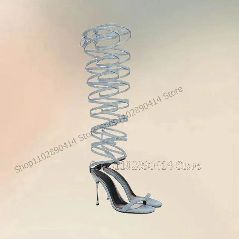 

Blue Denim Metal Heel Twine Sandals Boots Lace Up Women Shoes Thin High Heels Open Toe Fashion Banquet 2024 Zapatos Para Mujere