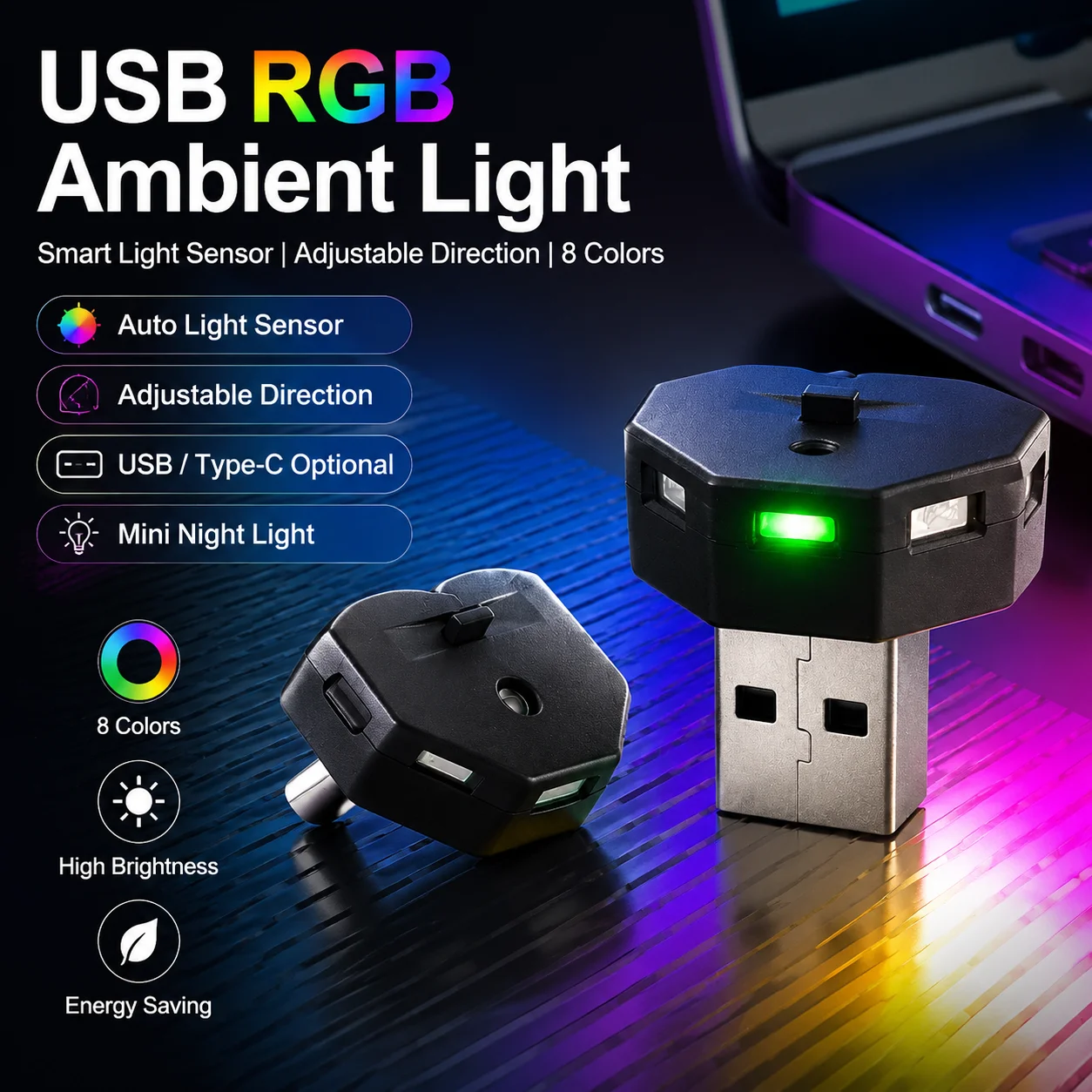Mini Type-C/USB-A LED Atmosphere Light Car Light Ambient Night Light Decorative Neon Lamp Auto Interior Emergency light RGB
