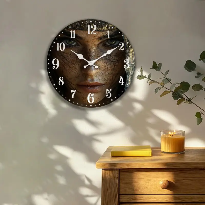 1pc 2D-Flat Egyptian pharaoh makeup Quartz Round Analog Wooden Silent Wall Clock Perfect Christmas gift for friends etc