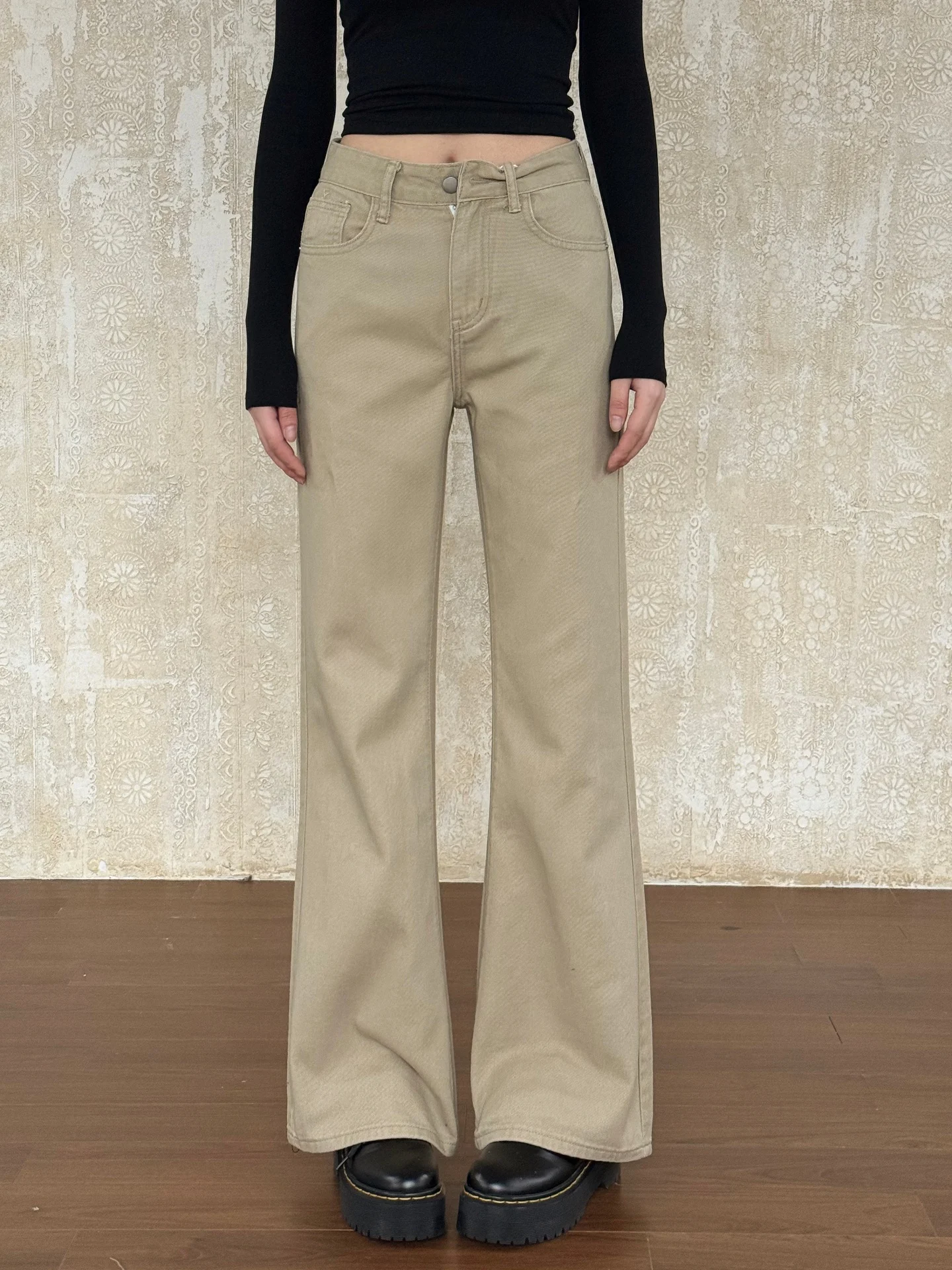 

Винтажные джинсы-клеш в американском ретро-стиле цвета хаки для женщин, облегающие, с высокой талией, из хлопка, весенняя коллекция, женская мода