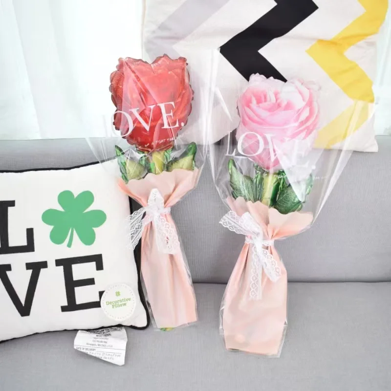 10pcs Valentine\'s Day Rose Flower Balloon Decoration Rose Flower Foil Balloon Valentine\'s Day Flower Bouquet Birthday Decoration
