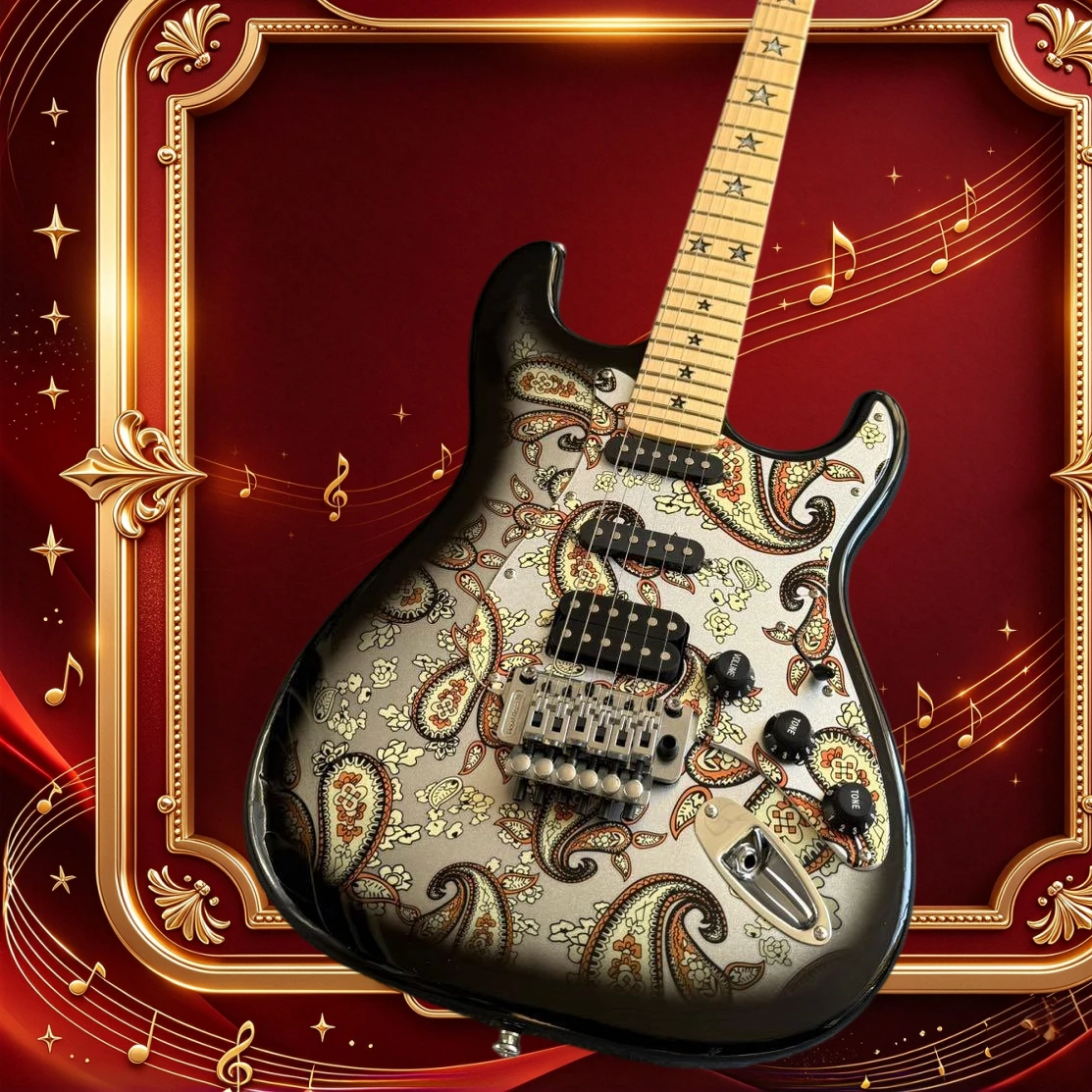 Free Shipping ST Electric Guitar Paisley Print Body  SSH Pickups Double Tremolo Gift Beginner Birthday Rock Performance