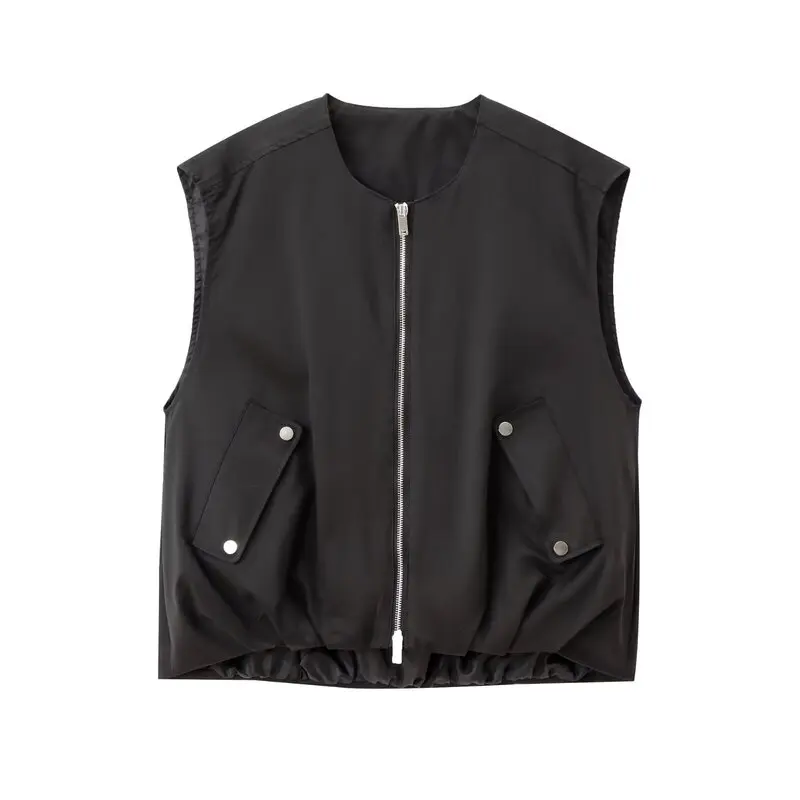 Uniwersalny okrągły top bez rękawów lub odzież wierzchnia na lato 2024, damska moda, ubrania do noszenia warstwowo, zamykany na zamek, inne materiały.