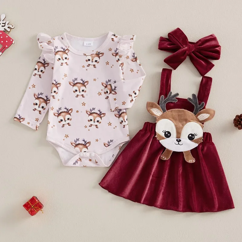 Baby Girl Christmas Outfits Newborn Reindeer Print Long Sleeve Bodysuit with Overalls Skirt and Headband Clothes Set