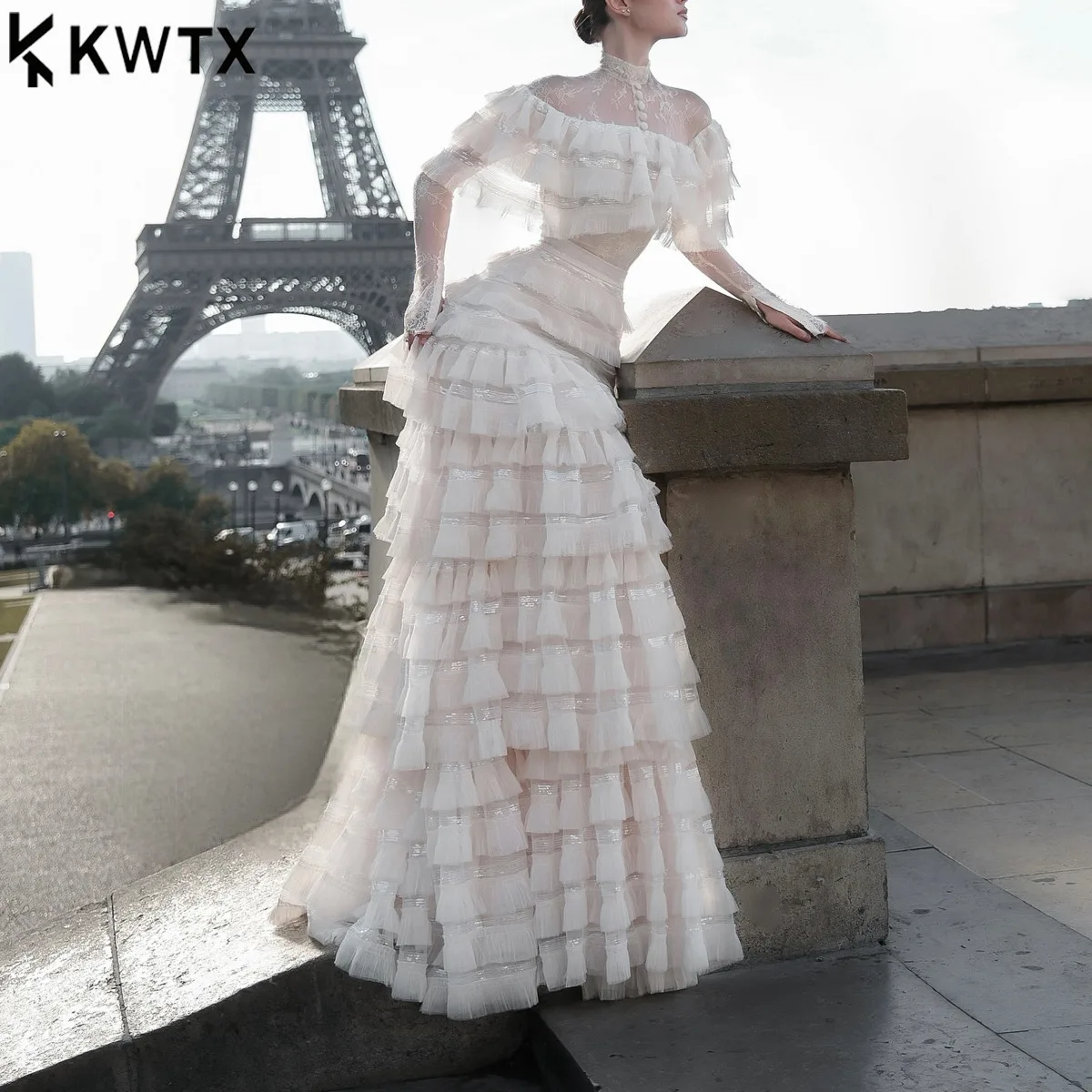 Kwtx primavera verão 2025 vestido de casamento renda em camadas tule cintura-concha elegante vestido de festa de noite designer simples high-end