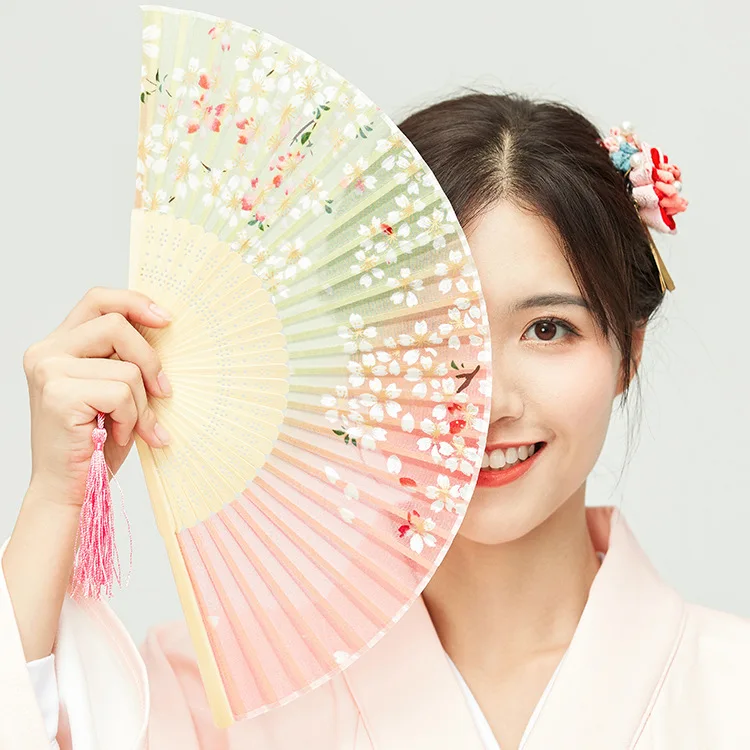 Japanese Style Geisha Dance Fan Elegance Sakura Flower Butterfly Silk Cloth Hand Folding Stage Fan Catwalk Walk Party Show Props