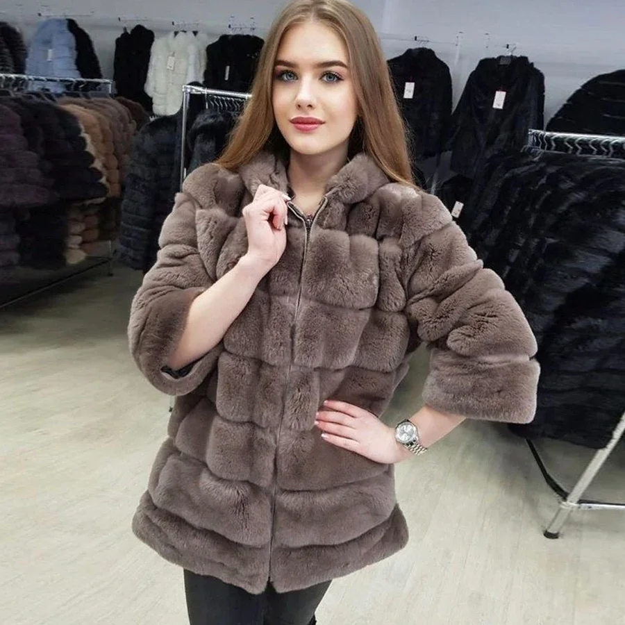 Rex Rabbit Fur Jacket Detachable Length Quality Overcoat Women Fashion Long Hooded Fur Coat