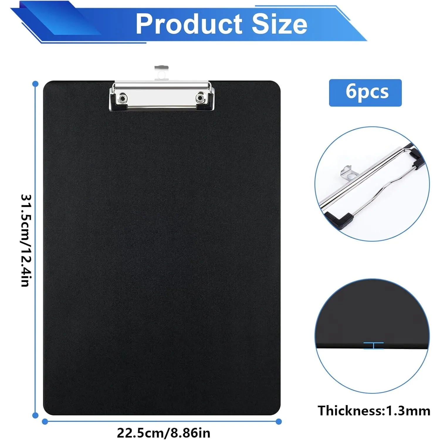 6pcs A4 Clipboard Folder, Black, with Loose-Leaf Folder Writing Board, Metal Clip, Suitable for Notes, Sheets