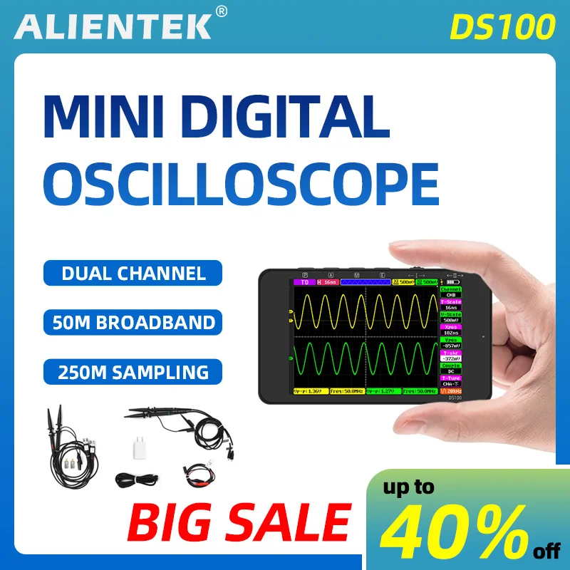 

ALIENTEK DS100 Digital Oscilloscope Handheld Multimeter Dual Channel Sampling Rate 250MSa/S Bandwidth Support Waveform Storage