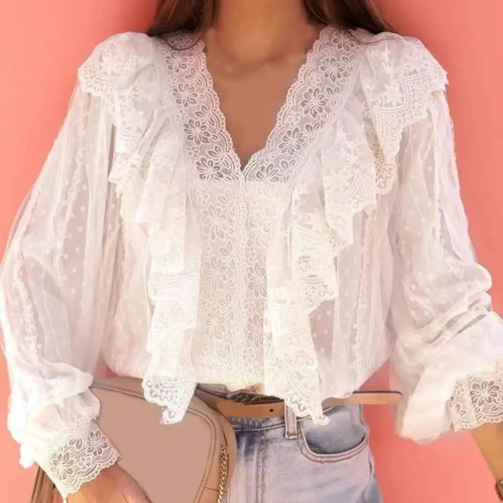 Sweet Style Ruffle V Neck Lace Tops Pullover Commute Women Office Blouse Lightweight Fashion Lantern Sleeve Sexy Shirt Blusa