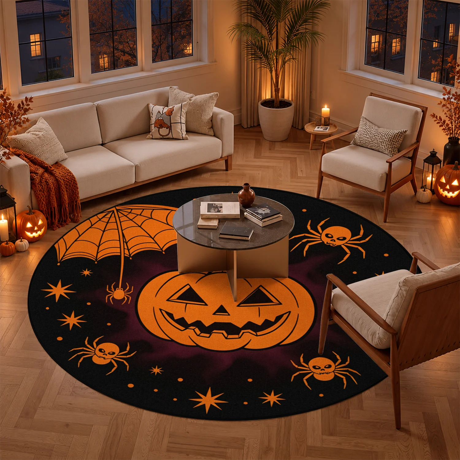Halloween Jack-o'-lantern Spiders Bat Pattern Round Velvet Area Rug, Soft Plush Machine Washable Floor Mat, Ideal for Living Room, Bedroom, Entryway Decor, Perfect for Halloween, Thanksgiving, Christmas, Black Friday, New Year Celebrations