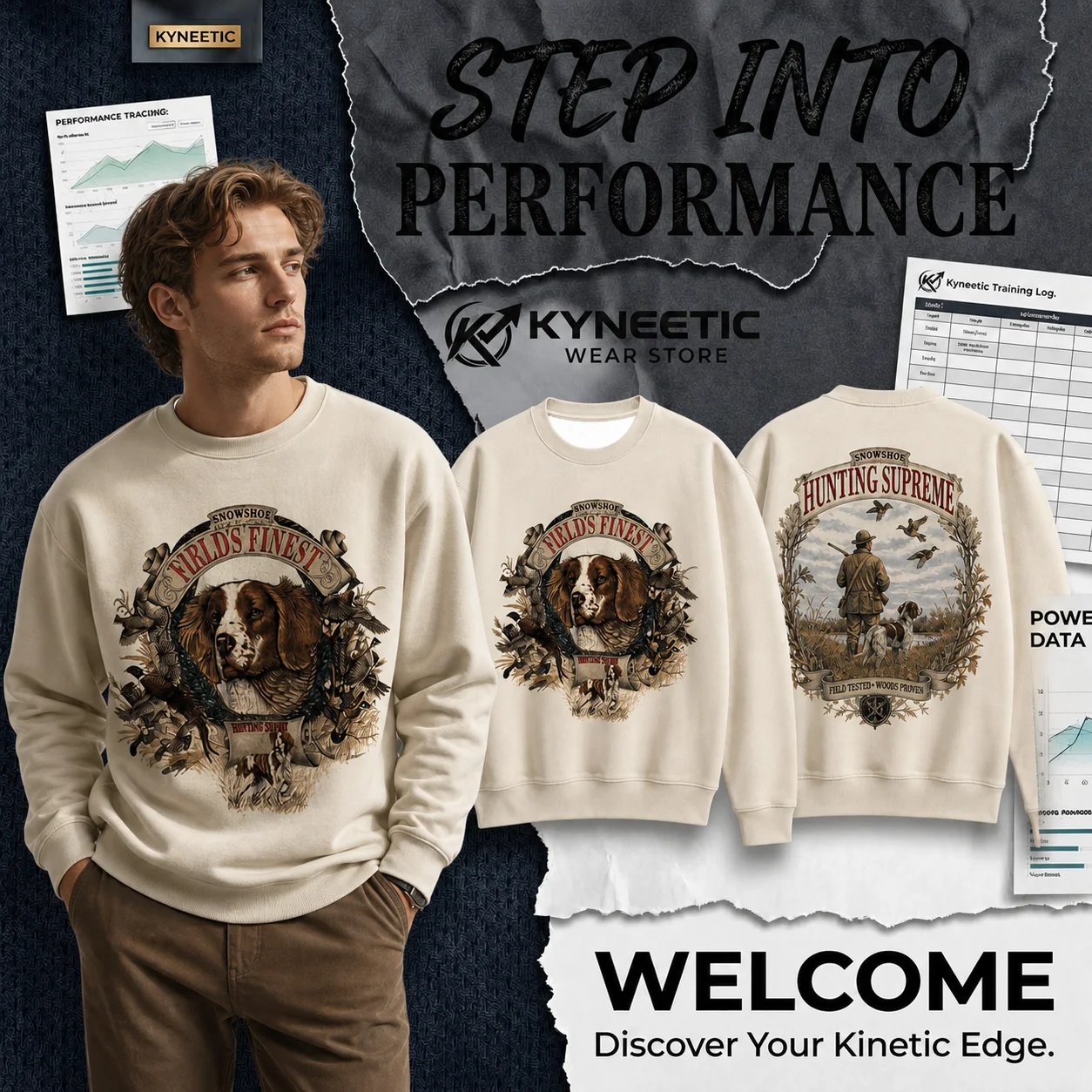 Vintage Hunting Dog Supreme Print Long Sleeve Crewneck Sweatshirt Parent-Child Casual Christmas New Year Streetwear Clothing Top