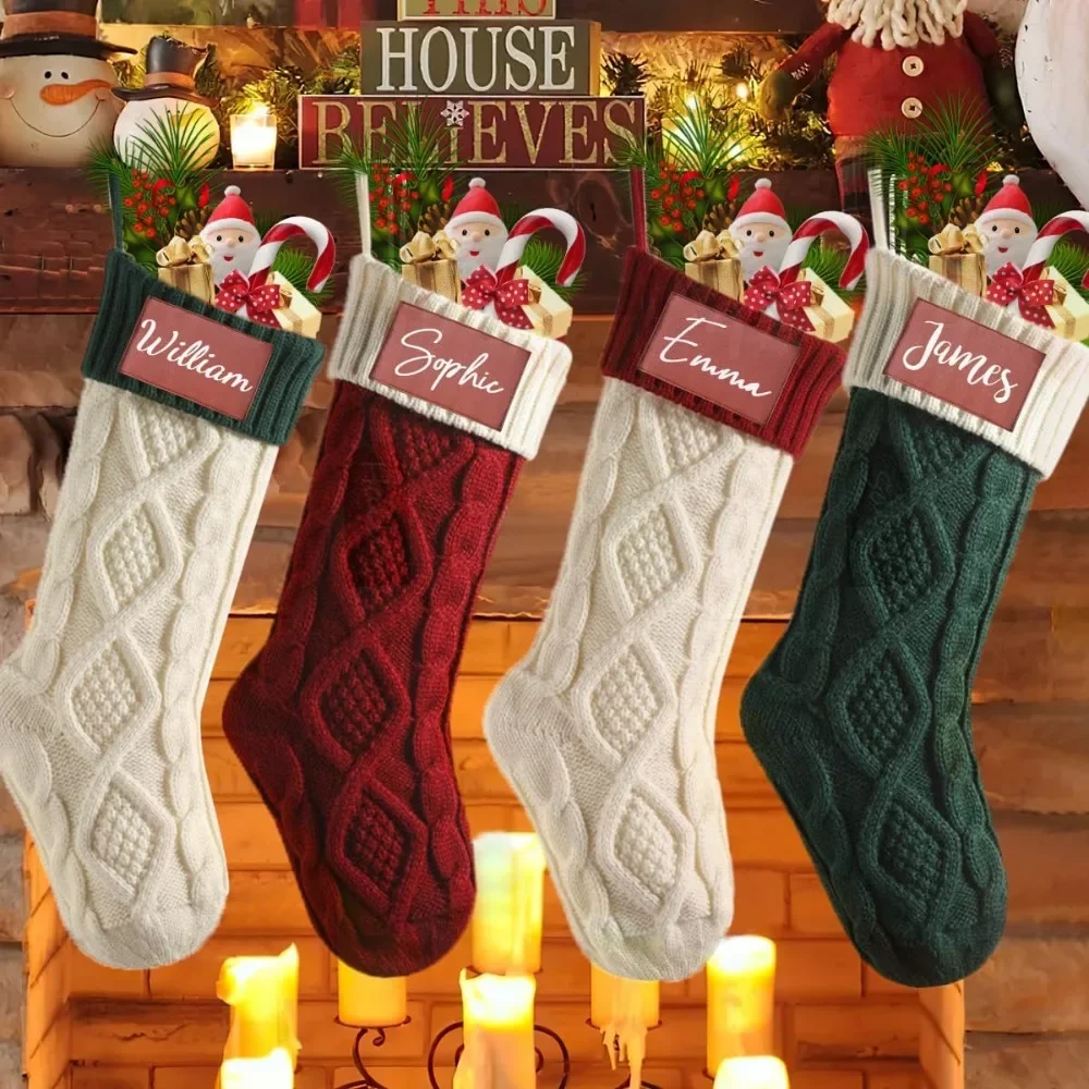 Personalized Christmas Stocking with Name, 18”Large Knitted Christmas Stocking, Red Xmas Fireplace Hanging Stockings