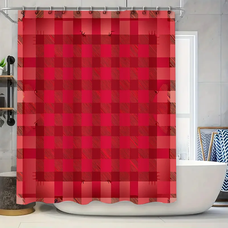 

Vibrant Plaid Shower Curtain Waterproof Fabric with hooks for bathroom decor in red, white, blue plaid pattern.