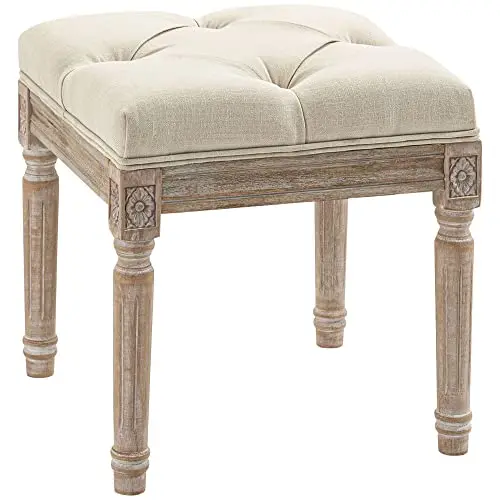 16" Vintage Ottoman Tufted Foot Stool with Upholstered Seat Beige | Rustic Wood Legs, Bedroom, Living Room
