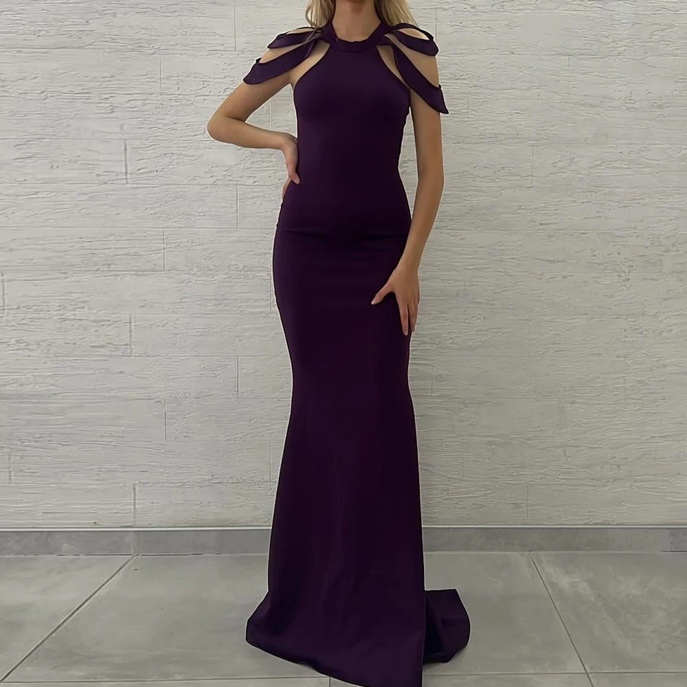 

Purple O-neck Floor Length Evening Dress Formal Straight Jersey Sleeveless Sweep Train Pleats Saudi Arabia Vestido De Novia