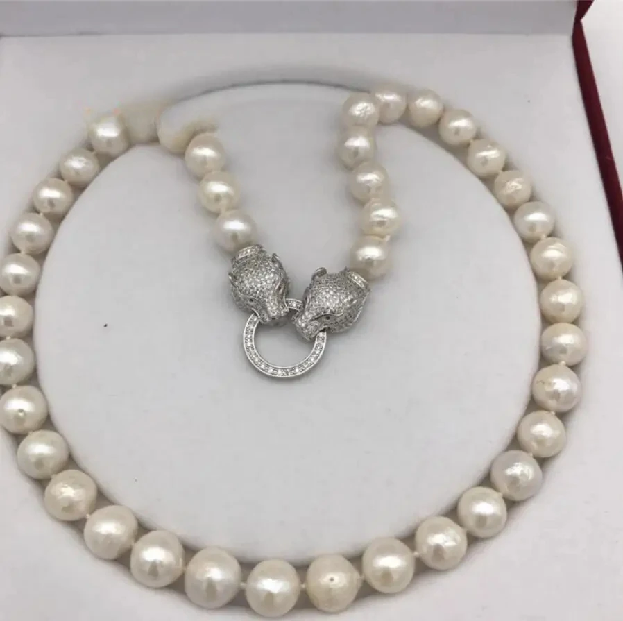 

New fashion big 11-12 mm natural white baroque Edison pearl necklace 20 inches leopard clasp No box