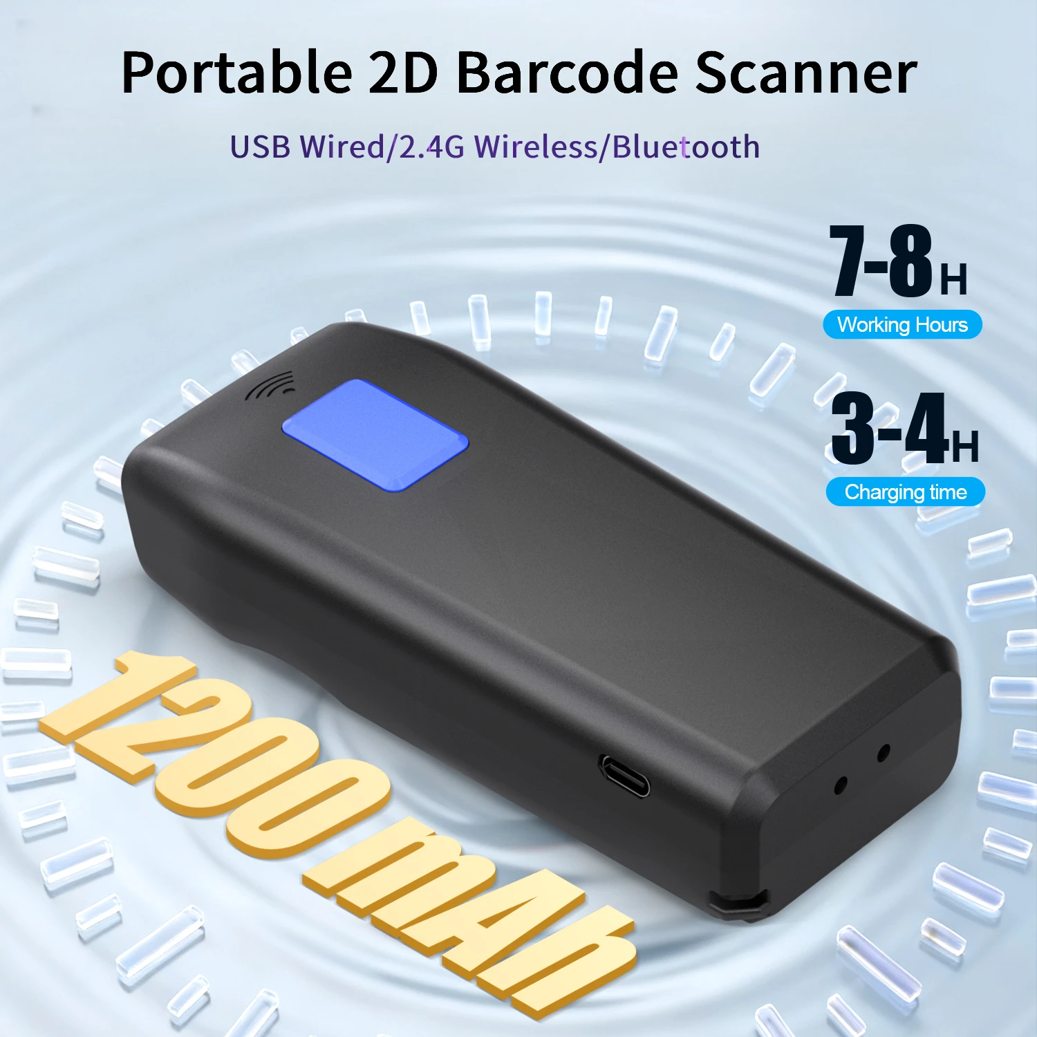 Bluetooth-Barcode-Scanner, tragbarer 2D-Barcode-Leser, kabelgebundener/kabelloser Mini-Barcode-Leser für iPad, iPhone, Android-Tablets und PCs.