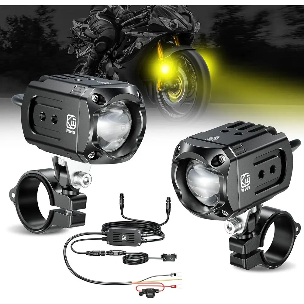 مجموعة إضاءة LED للدراجات النارية مقاومة للماء بقدرة 60 وات - أضواء كاشفة بيضاء/كهرمانية وأضواء ضباب مع دعامات، متوافقة مع المركبات على الطرق الوعرة (Bl)