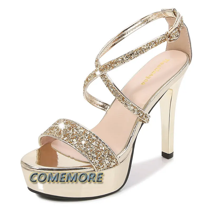 2023 Gold Silver Cross Strap Crystal High Heels Sandals Women Bling Glitter Wedding Bridal Party Platform Pumps Shoes Summer PU