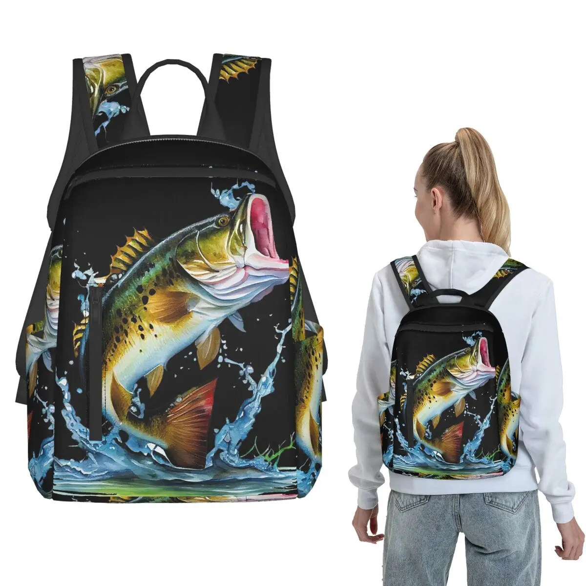 

Leaping Fish Fishing Backpack Large Capacity Children BookBag School Bag Shoulder Bags for Men Women