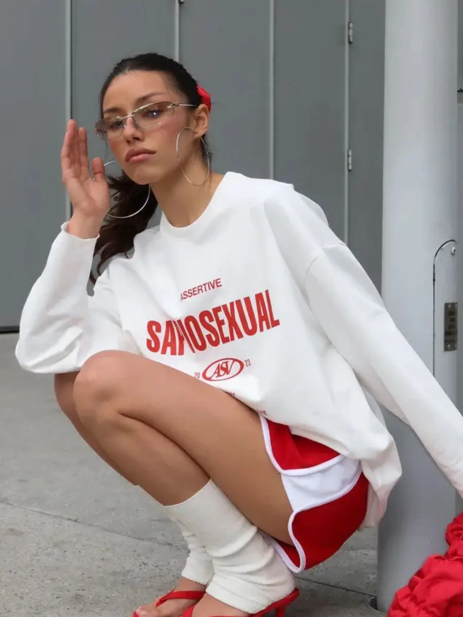 Vintage assertivo carta emblema impresso 100% algodão manga longa camisetas moletom fino outono retro topos temperamento feminino menina