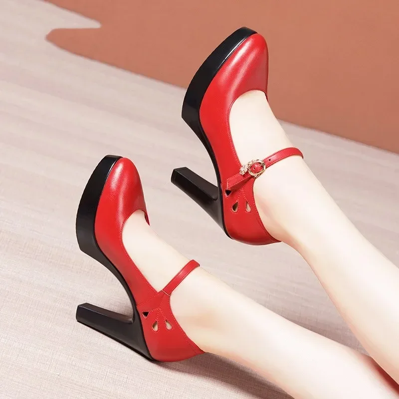 

8cm 10cm Small Size 32-43 Shallow Genuine Leather Shoes Women Platform Pumps 2024 Thick Bottom Block High Heels Shoes Office Mom