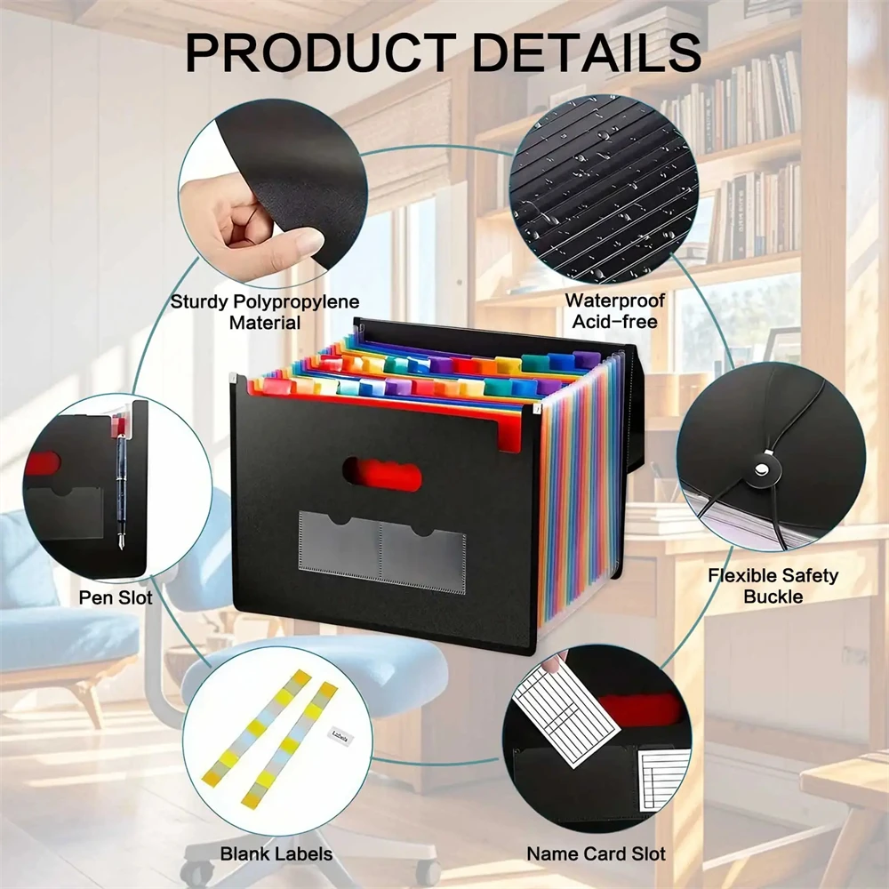 Accordion File Organizer 13 Grid Sealed Flap Folder with  Waterproof Office/Home Document Storage Multi-Pocket A4 Folder