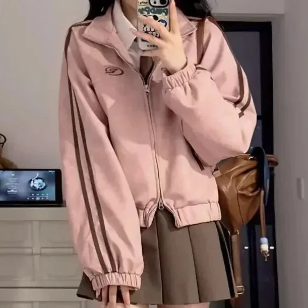 Deeptown Vintage Y2k Pink Suede Jacket Women Korean Fashion Streetwear Cropped Bomber Jackets Japanese Style College Spring Coat