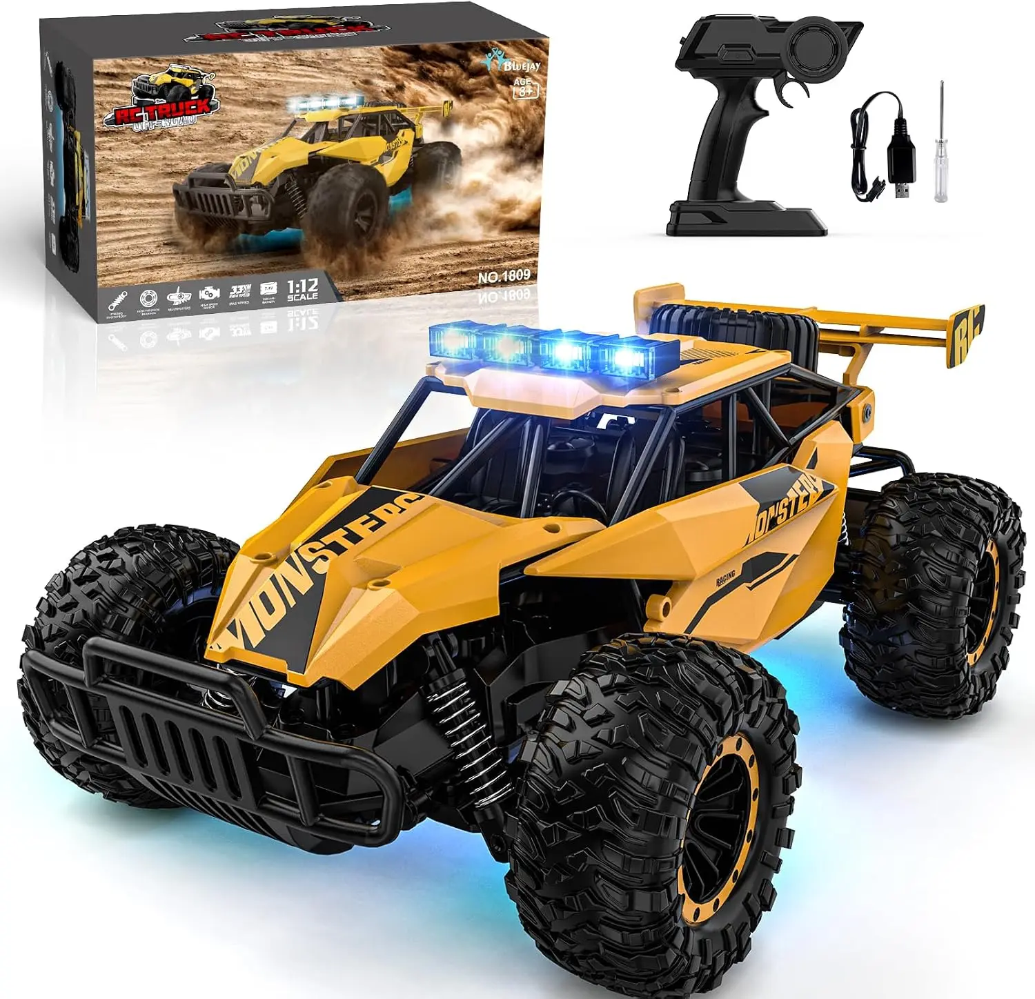 Remote Control Car for Boys, RC Cars, 1:12 Monster RC Truck Off Road with LED Headlight and Rechargeable Battery Gifts for Adult