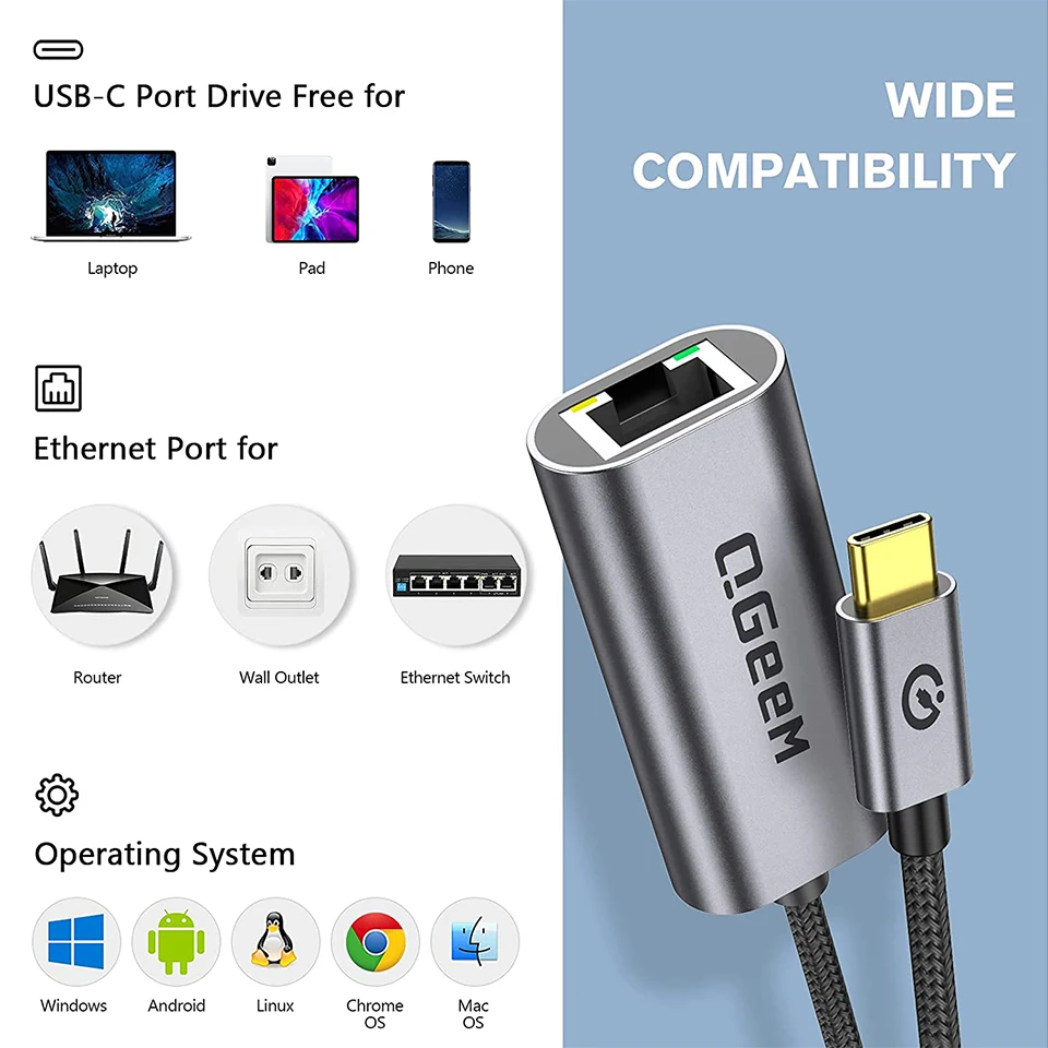 USB C to Ethernet Adapter, QGeeM Gigabit Ethernet to USB C, Thunderbolt 3 to Ethernet to RJ45 LAN Network Adapter, USB Network