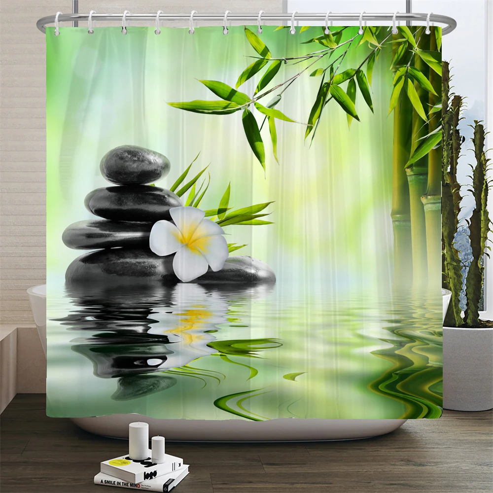 Zen tenda da doccia decorazione del bagno 3D bambù acqua corrente verde bambù Buddha tende da doccia schermo lavabile impermeabile