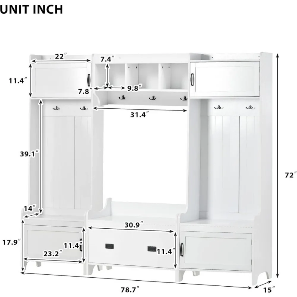 Wide Entryway Hall Tree with Storage Bench and Cabinets, 4-in-1 Hallway Coat Rack 7 Hooks Open Shelf, for Living Room Entryway