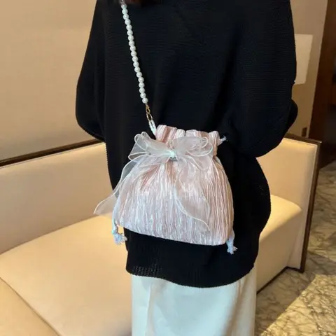Soft Pleated Fabric Shoulder Bag with Organza Bow Pearl Chain Strap Elegant Mini Crossbody Handbag for Wedding Party Women