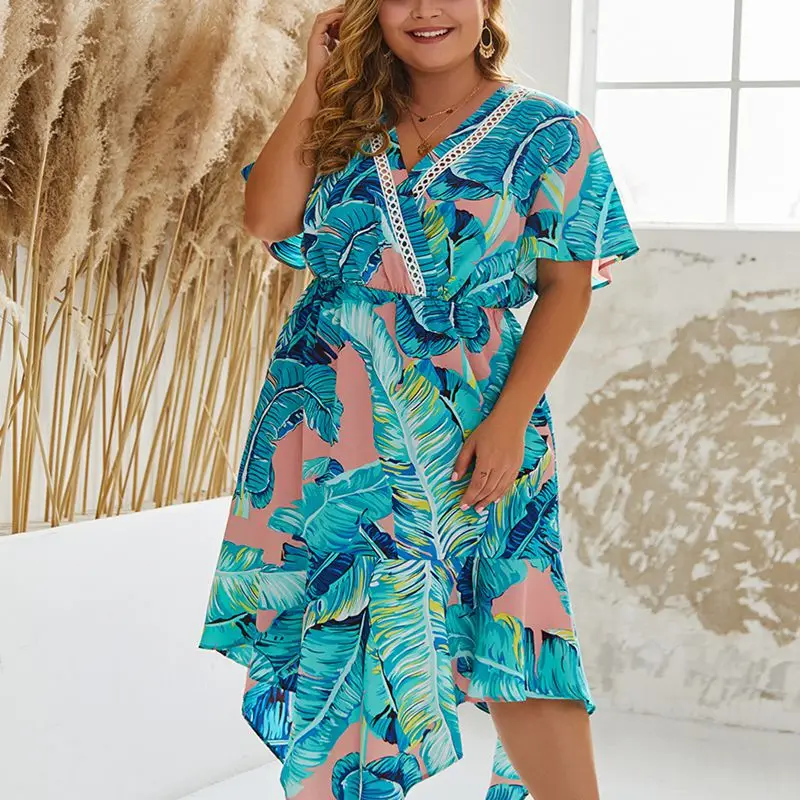 

Women's sexy V-neck short-sleeved irregular hem printed dress, Bohemian women's fashion, summer, plus size stitching,