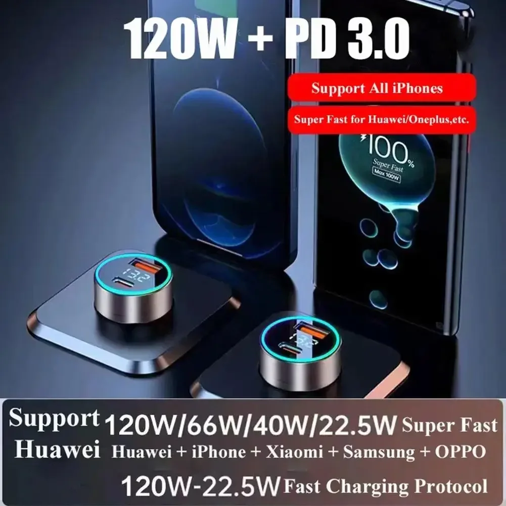 USB Car Charger 120W Type C Fast Charging Phone Adapter LED Digital Display Cigarette Lighter in Car For iPhone Xiaomi Samsung
