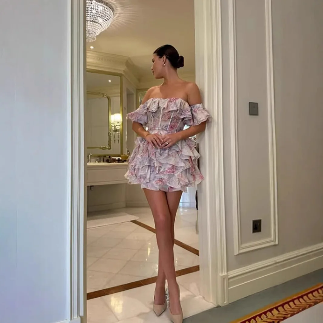 فستان نسائي صيفي جديد موديل 2025 بدون حمالات بدون أكمام للولائم مثير بكتف واحد فساتين نسائية مطبوعة بالزهور