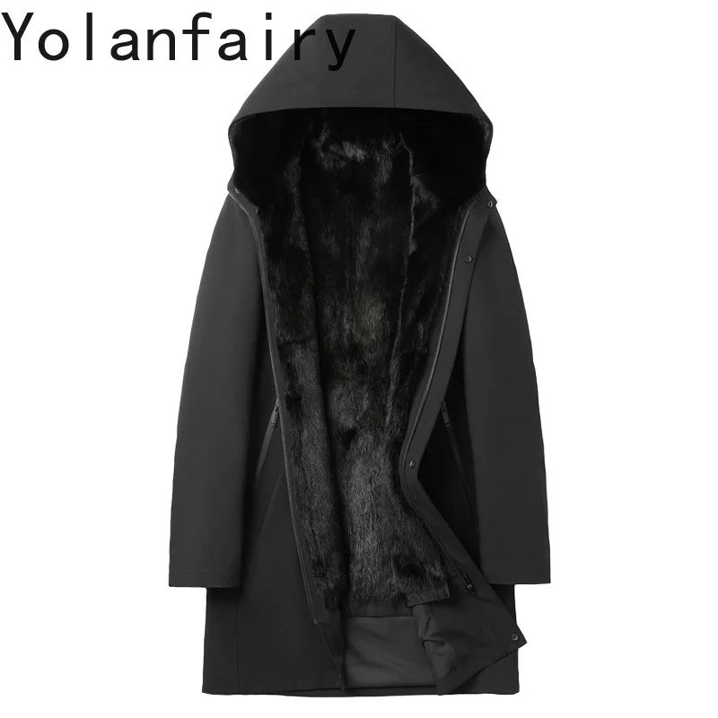 

YOLANFAIRY Natural Mink Real Fur Coat Hooded Whole Mink Jackets Man Winter Clothes Mid-length Parka Slim Fit Mens Fur Jacket