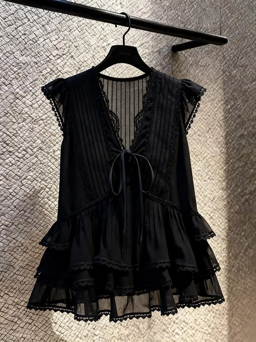 Slimming Effect Black Lace Sleeveless V-Neck Shirt Women's Summer New Design Blouse Flounce Hemline Gentlewoman Fashion