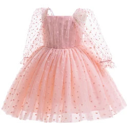 Baby Girl Dress Elegant New Baby Christening Dress Mesh Fluffy Love Princess Dress Tutu Bow Birthday Party Perform Dress
