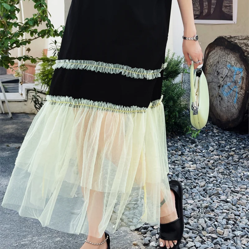 Sommerkleider Frau für 2024 lose plus Größe Patchwork Mesh schwarz Kleid Kurzarm Print weibliche Robe T-Shirt Kleid ke3496