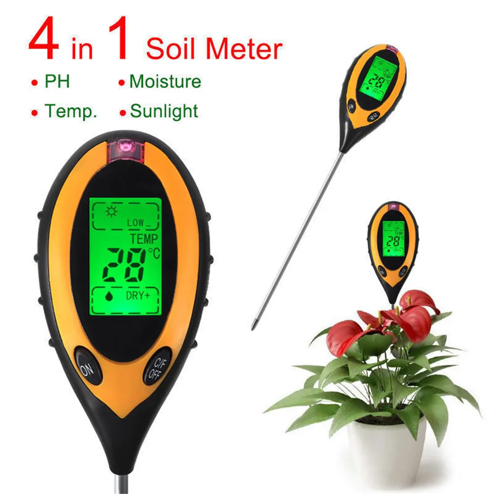 Soil PH Meter Tester Soil Tester PH Moisture Temperature Sunlight Intensity Measurement Analysis Soil Acidity Test 3-in-1 4-in-1