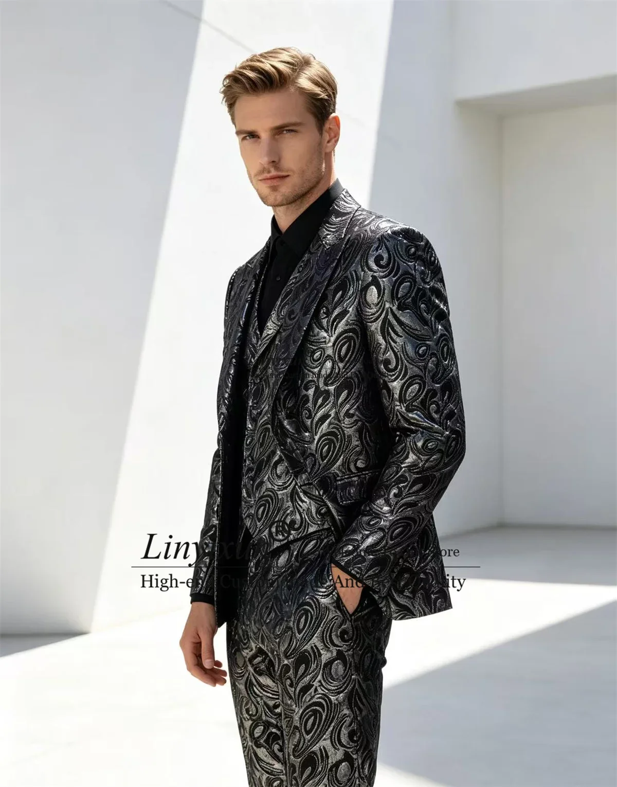 High-quality Print Jacquad Floars Men Suits Customized Casual Man Tuxedos 3 Pieces Sets Male Party Blazers Slim Fit Costume Homm