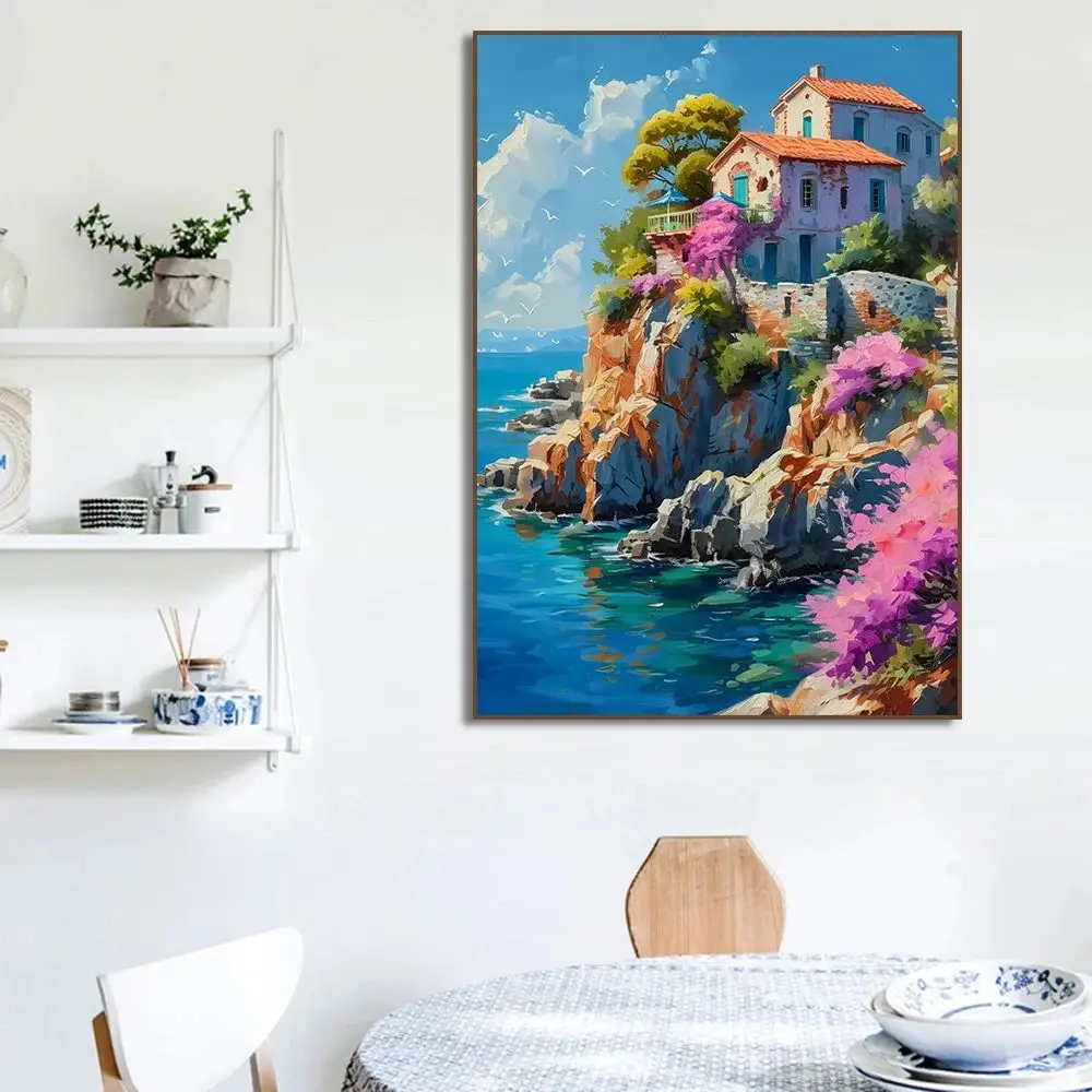قرية البحر الأبيض المتوسط قارب ساحلي شاطئ البحر المشهد حقل الأزهار كوخ المشارك قماش اللوحة طباعة غرفة المعيشة ديكور المنزل