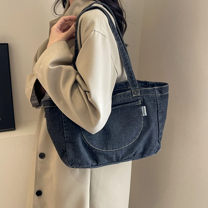 Denim Zipper Ladies Shoulder Bags 2024 New Popular Versatile Crossbody Bags for Women Solid Sewing Thread Bolsas Femininas