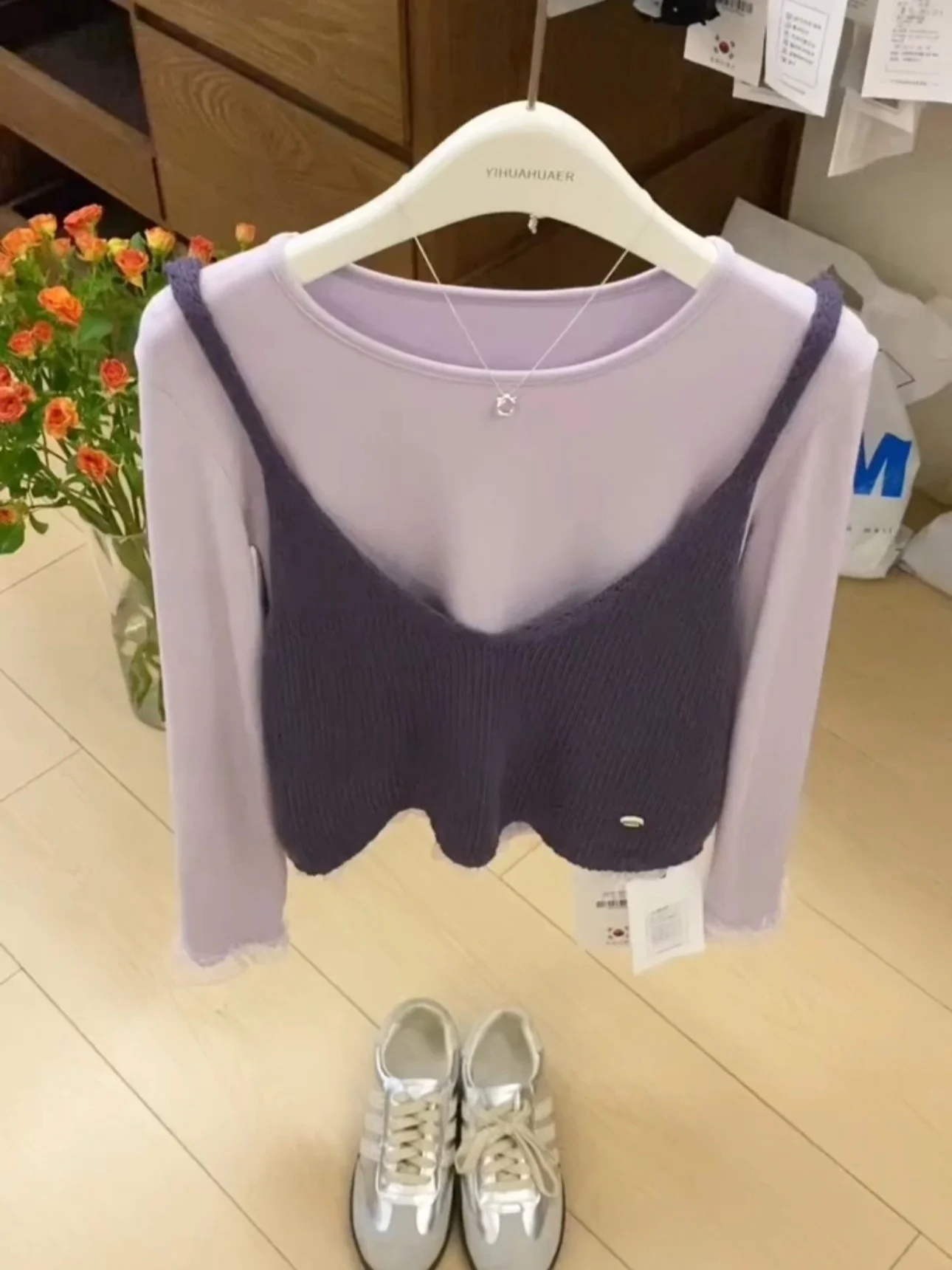 

Фиолетовый вязаный жилет на бретелях для женщин, модный комплект для ранней осени, дышащая футболка с длинным рукавом и круглым вырезом, свободный крой, для повседневной носки