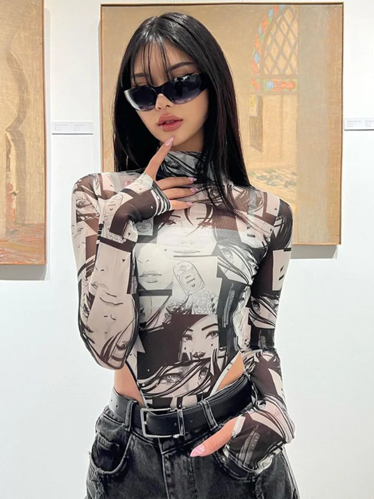 Print Sexy Bodysuit Lingerie Turtleneck Body Feminino See Through One-Pieces Lenceria Tranparente Long Sleeve Corset Top Women