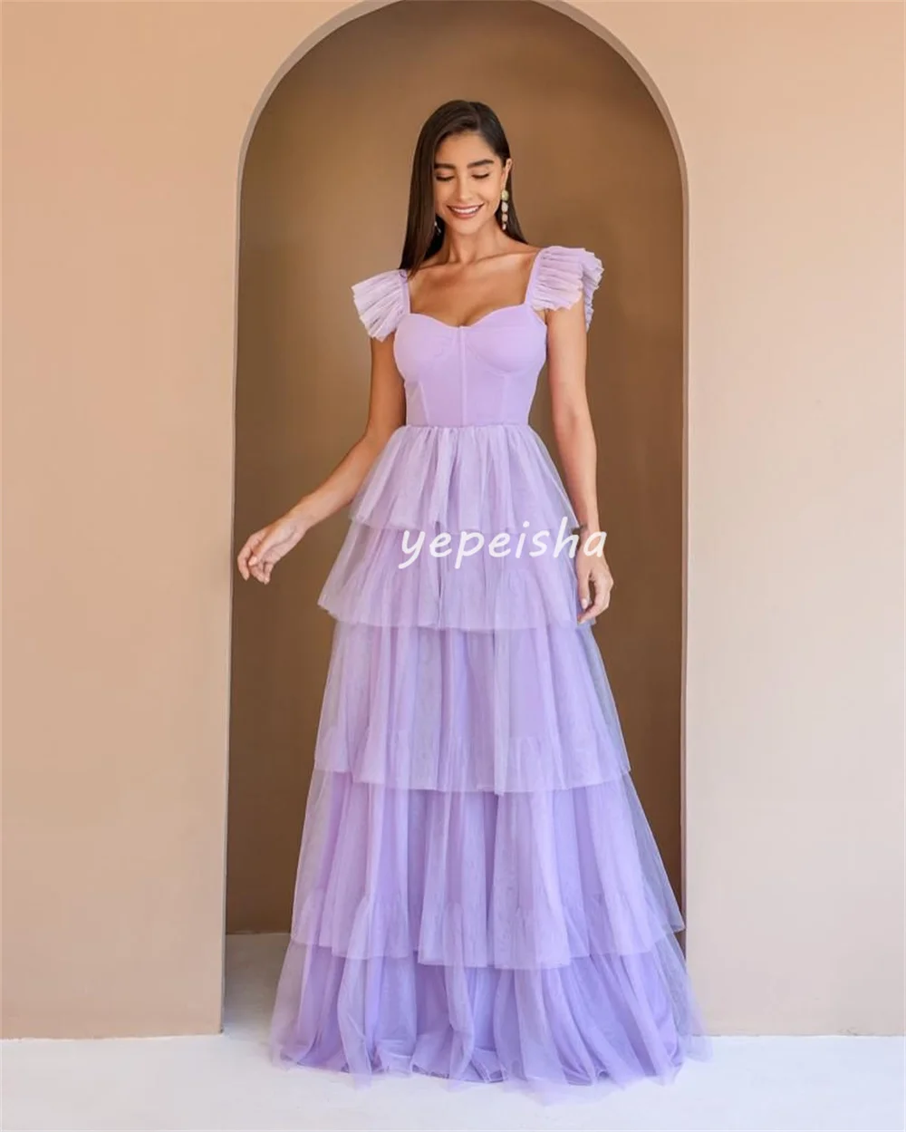 Vestidos largos personalizados con pliegues de tul simples y plisados escalonados, vestidos largos con cuello cuadrado, vestidos para ocasiones a medida, exquisitos y elegantes